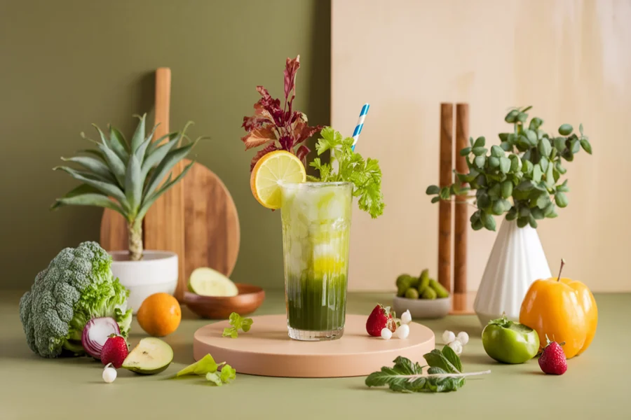 In a modern, serene kitchen setting, a vibrant glass of natural drink mix takes center stage, surrounded by fresh green leafy vegetables, fruits, and herbs.
