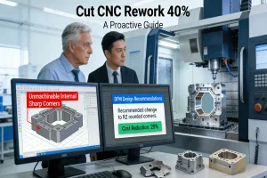A manufacturing engineer and project manager collaborate in front of a CNC machine, analyzing a 3D model with a highlighted design flaw and a DFM optimization suggestion on the control screen, visually demonstrating proactive error prevention.